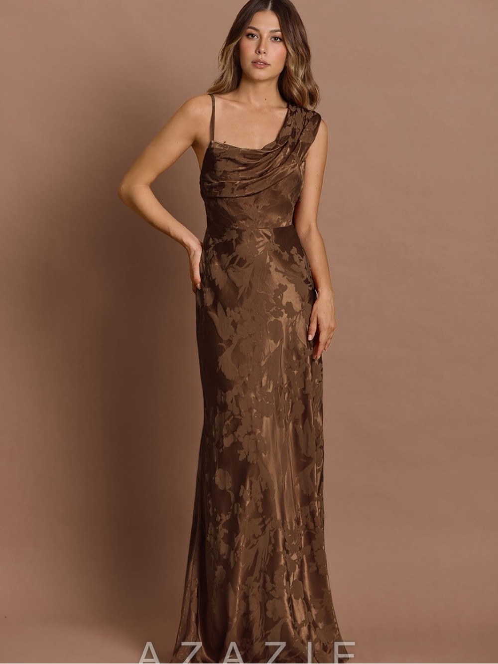 Azazie Brown One-Shoulder Floral Jacquard Evening Gown